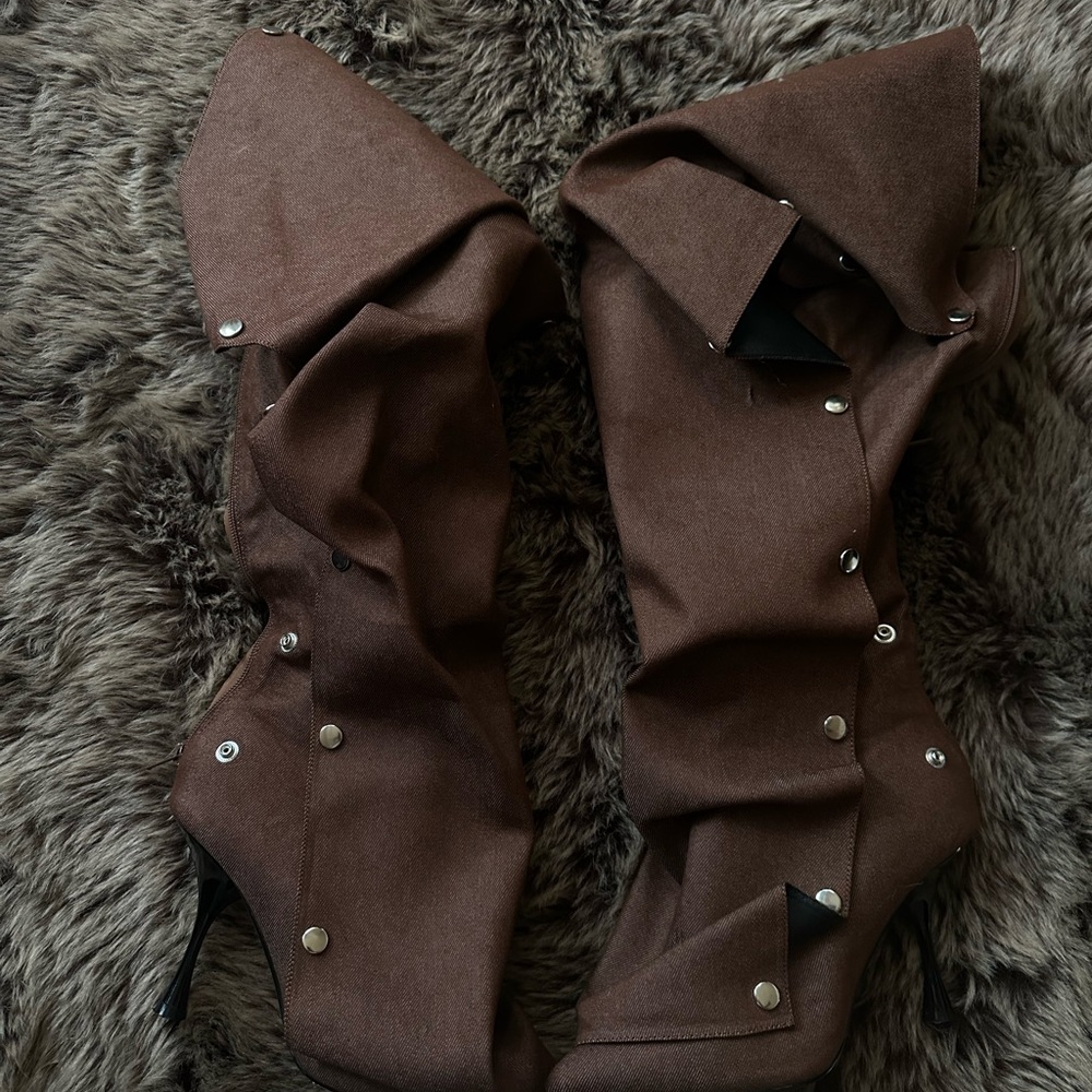 Brown High Heel Boots with Button Accents